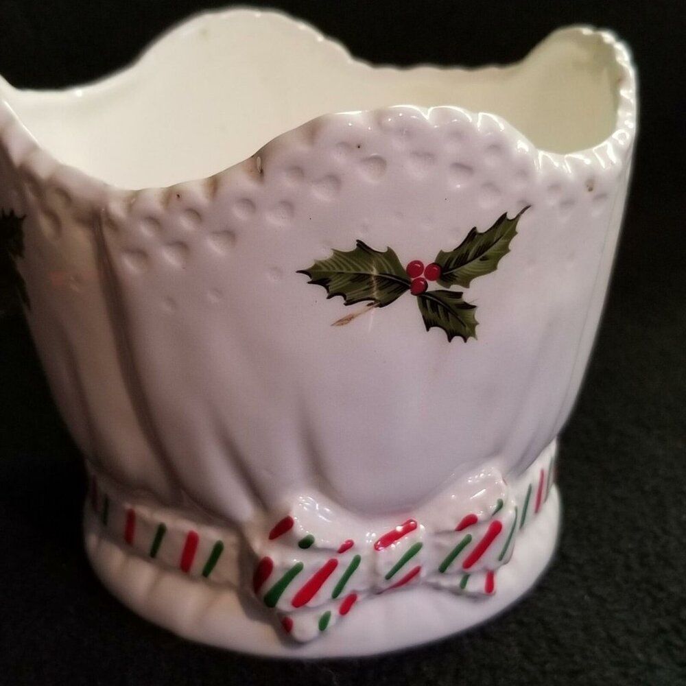 Vintage 80s Geo Z Lefton Holly Planter Candy Dish White 5"